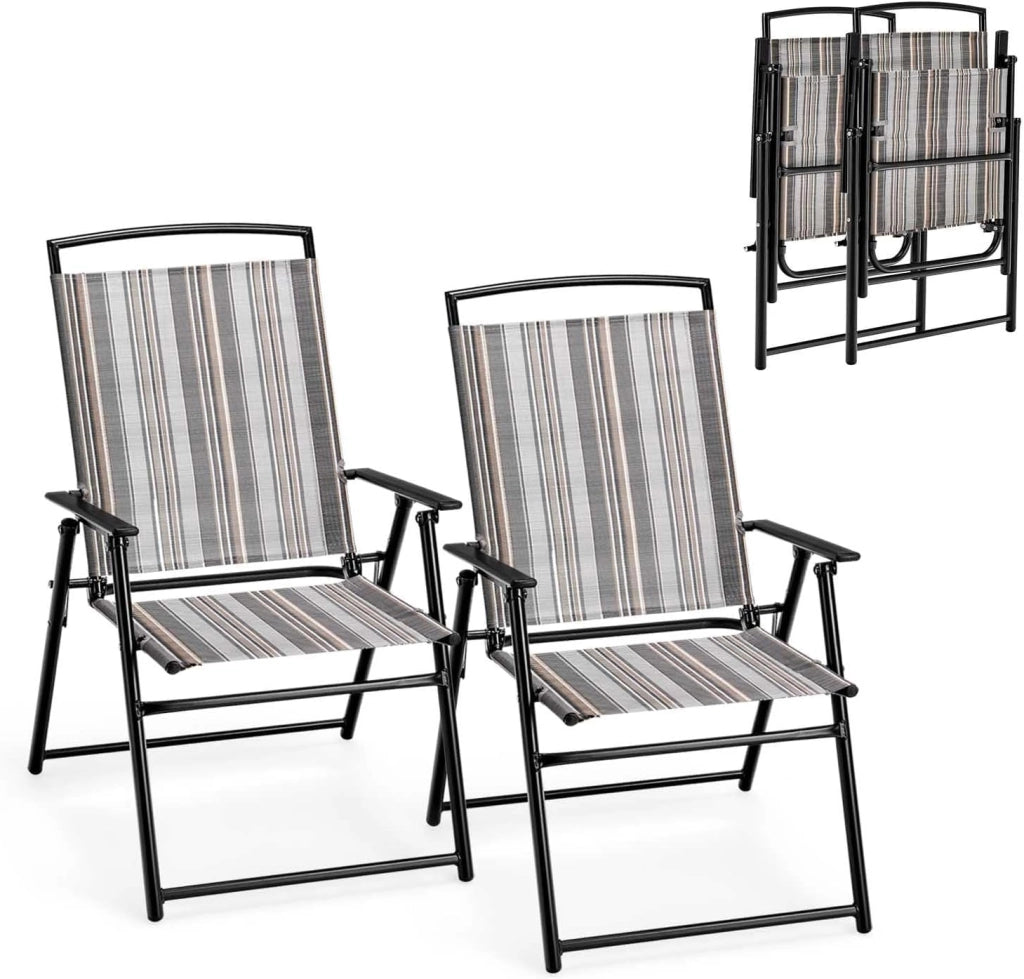 Set di 2 Sedie da Giardino Pieghevoli, Carico 150 kg, Sedie da Esterno con Schienale Alto, Poltrona da Balcone in Tessuto e Metallo, per Terrazza, Cortile, Sala da Pranzo, 51 x 61,5 x 92 cm