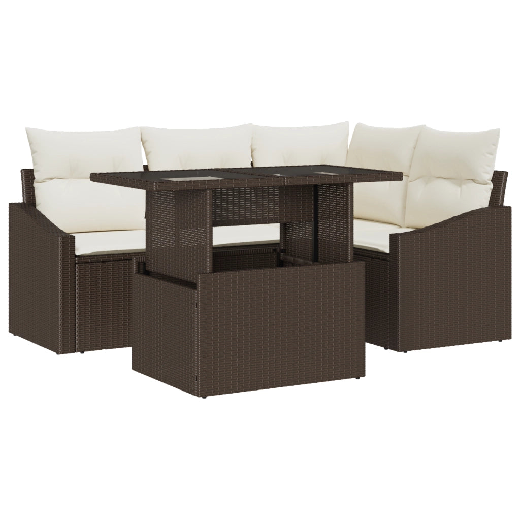 Set di Divani da Giardino a 5 Pezzi con Cuscini Marrone Polirattan