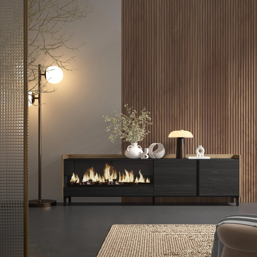 Mobile TV Soggiorno, 212x61x35 cm, Per TV fino a 80", Camino elettrico XXL, Design industriale, Nero e rovere