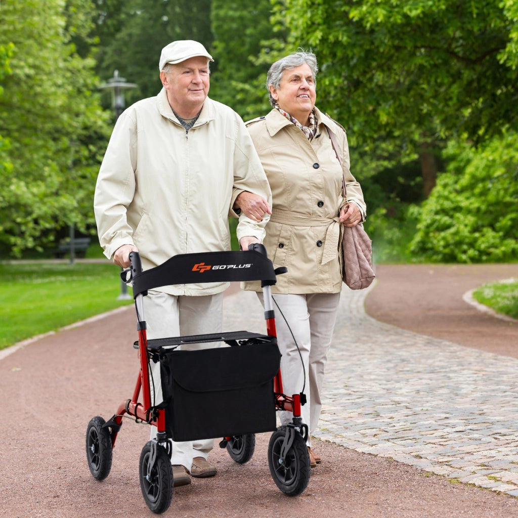 Rollator walker regolabile in altezza con seduta ruota pneumatica da 24 cm borsa portaoggetti, Rollator pieghevole Rosso-Salute e bellezza