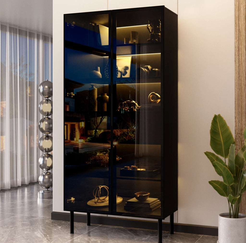 Vetrina moderna con 2 ante in vetro; LED controllabile da app; 70x36x170 cm; nero