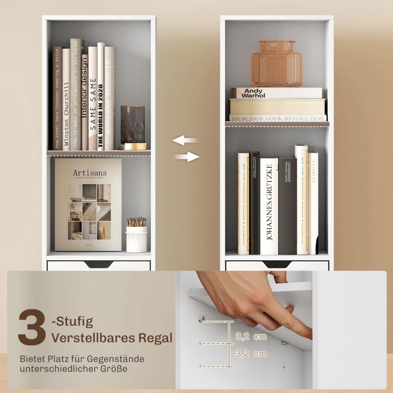 Libreria con 4 vani aperti, cassetto e anta, ripiano regolabile, per soggiorno, bianco, 87 × 36,5 × 15,5 cm