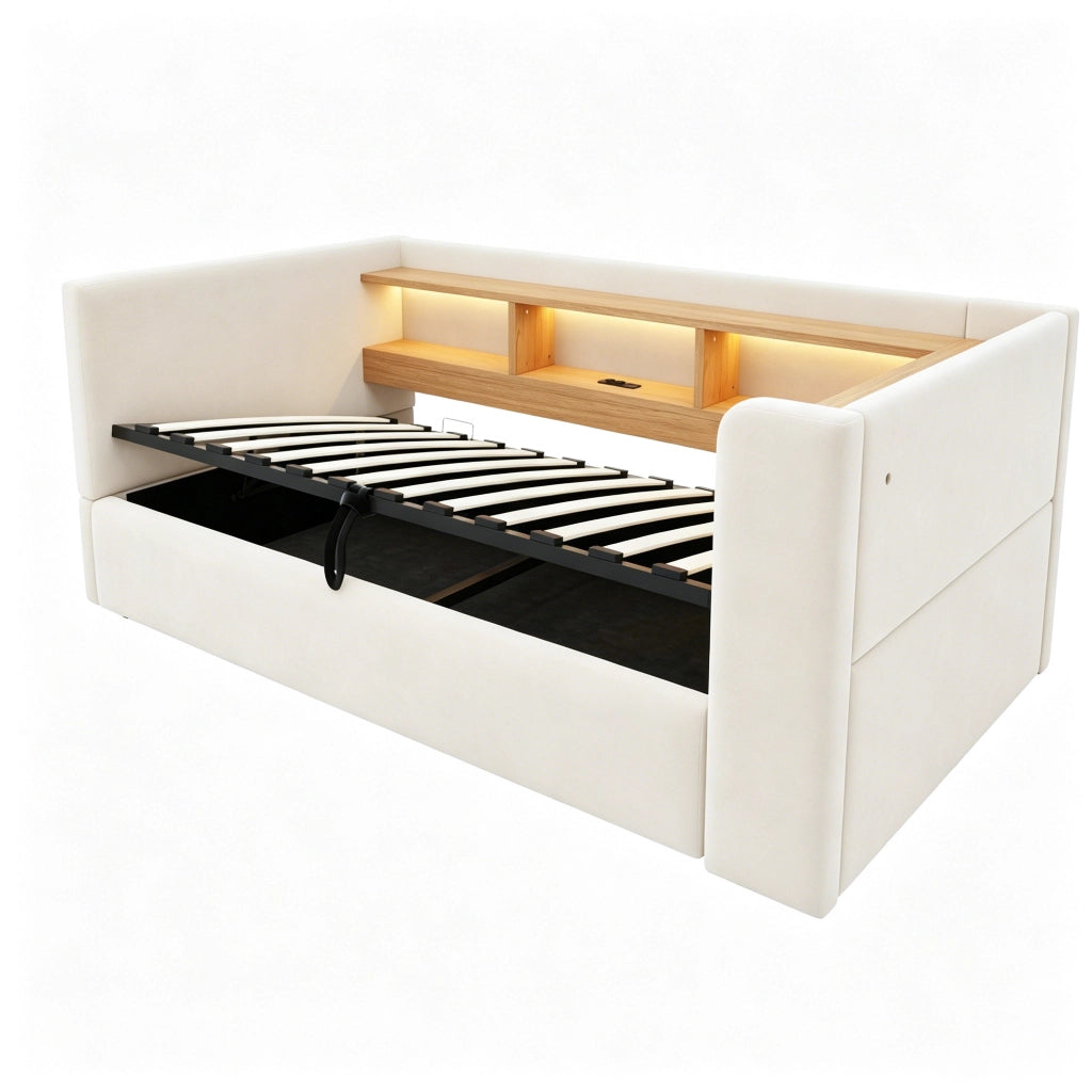 Letto imbottito, divano letto idraulico 90x190 cm, luci a LED, presa di corrente, vano portaoggetti, beige
