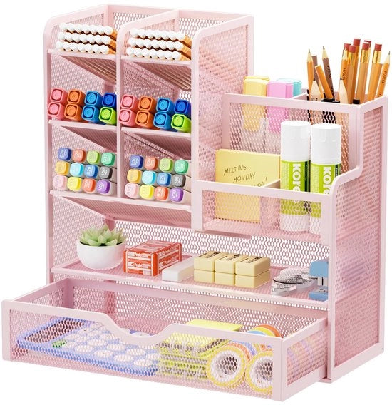 Organizzatore di Scrivania a Rete, Penne e Porta Cavi, Pannello di Archiviazione per Materiali di Scuola e Ufficio (Rosso)