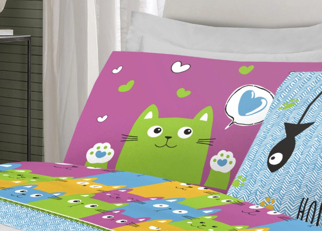 Completo Lenzuola Letto Pensieri Delicati 100% Cotone Dis. Happy Cat Multicolor - Singolo - Multicolor
