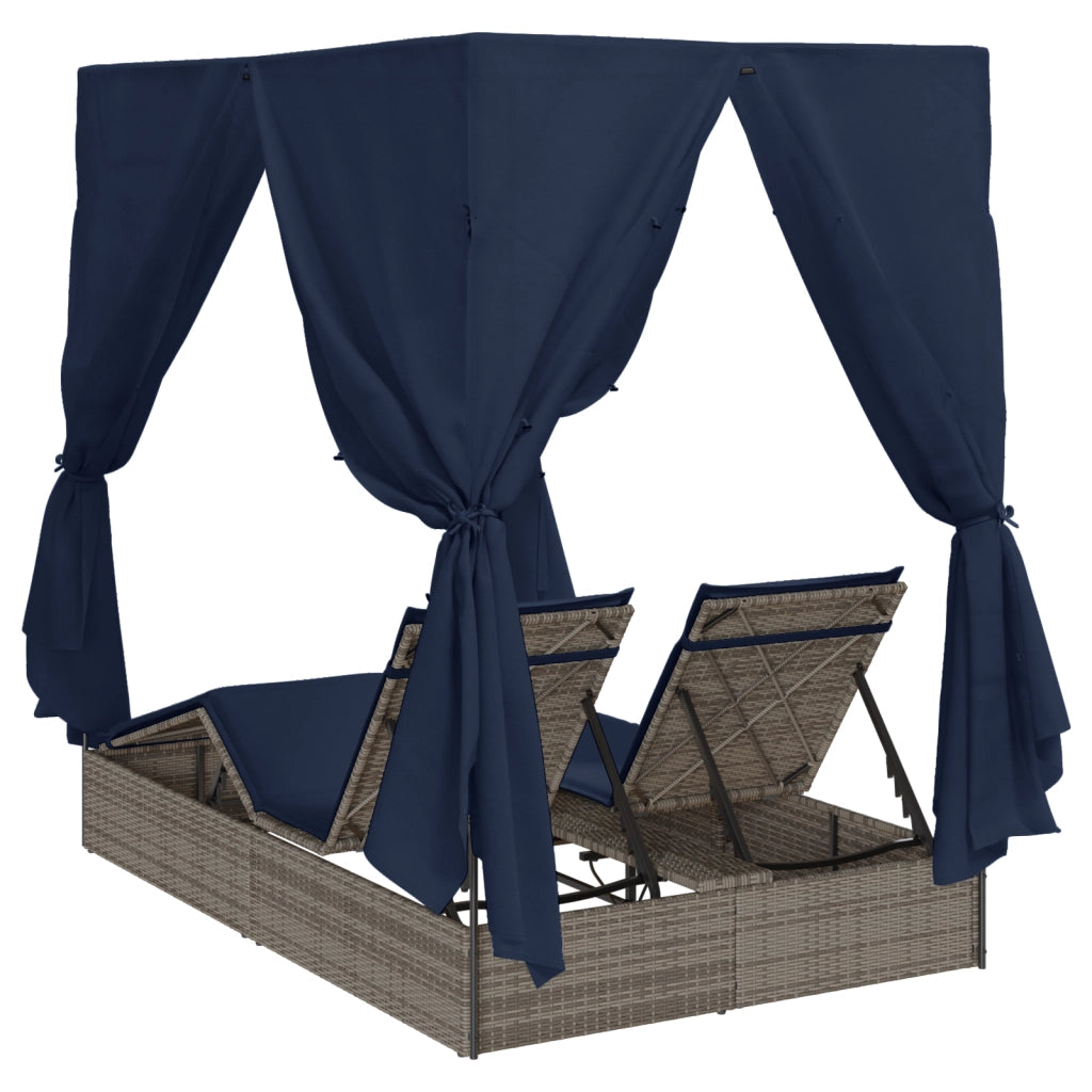Lettino da sole doppio Set di 2 Grigio e blu navy Rattan Grande