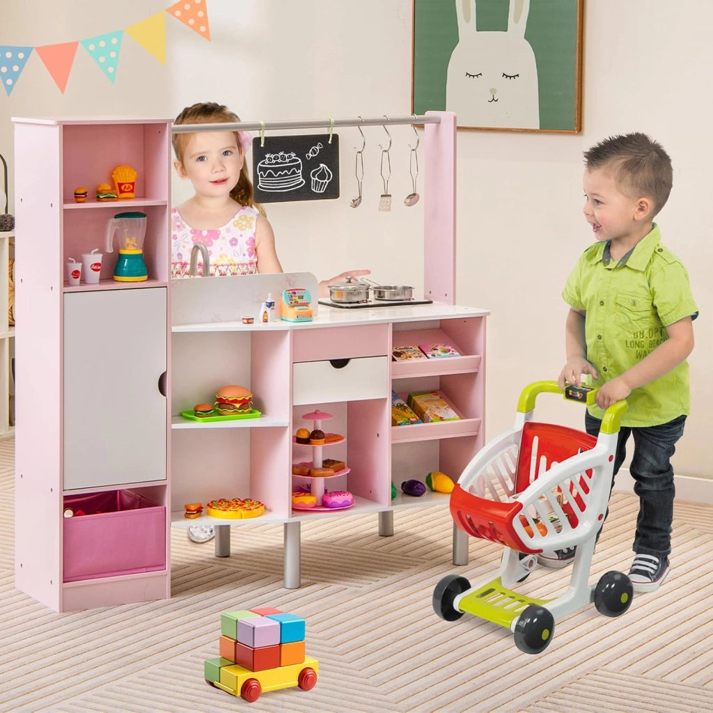 Cucina e Mercato per Bambini 2 in 1, Cucina Giocattolo per Bambini con Luci e Suoni, Produttore di Ghiaccio e Lavagna, Ideale per Bambini 3 Anni+