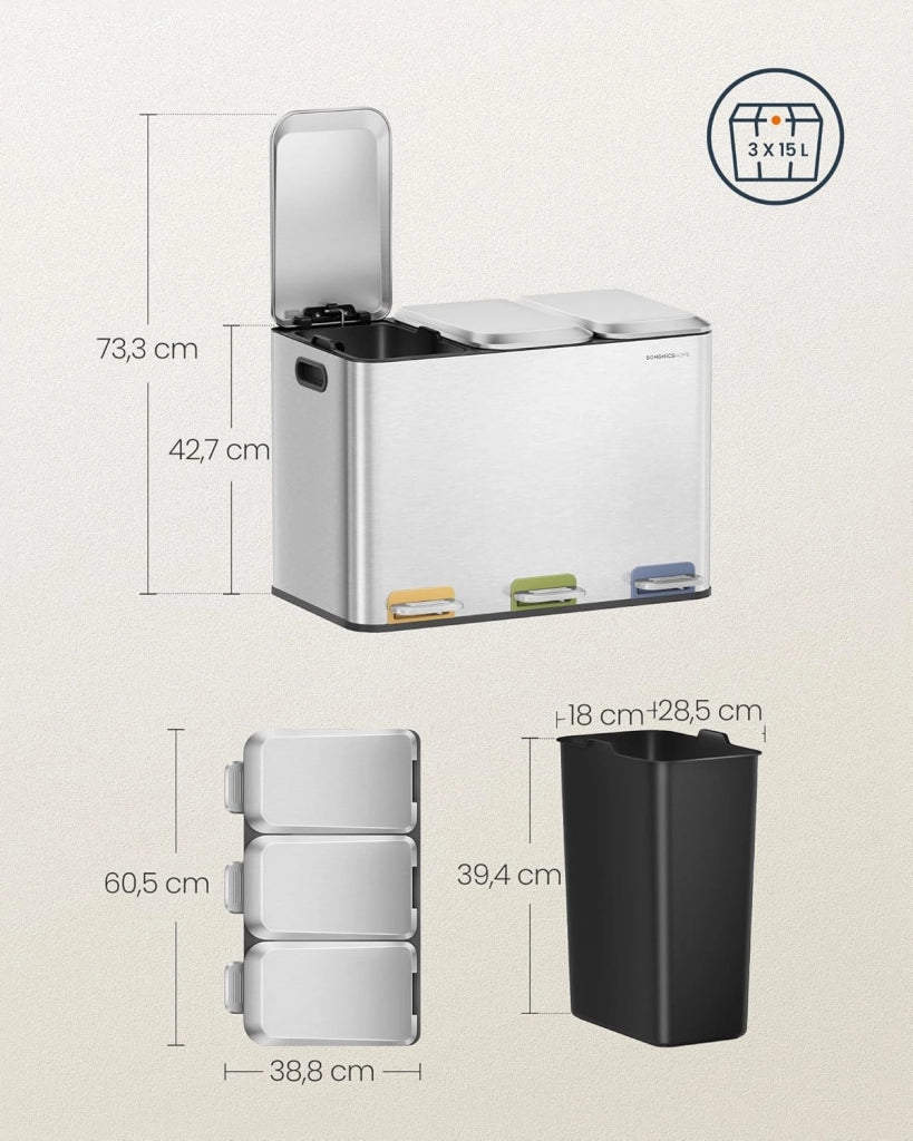 Cestino da Cucina Tripla, Pattumiera per Raccolta Differenziata 3 x 15 L con Pedali Colorati, Raccolta Differenziata, Coperchio e Secchi Interni, Acciaio, Argento Metallizzato