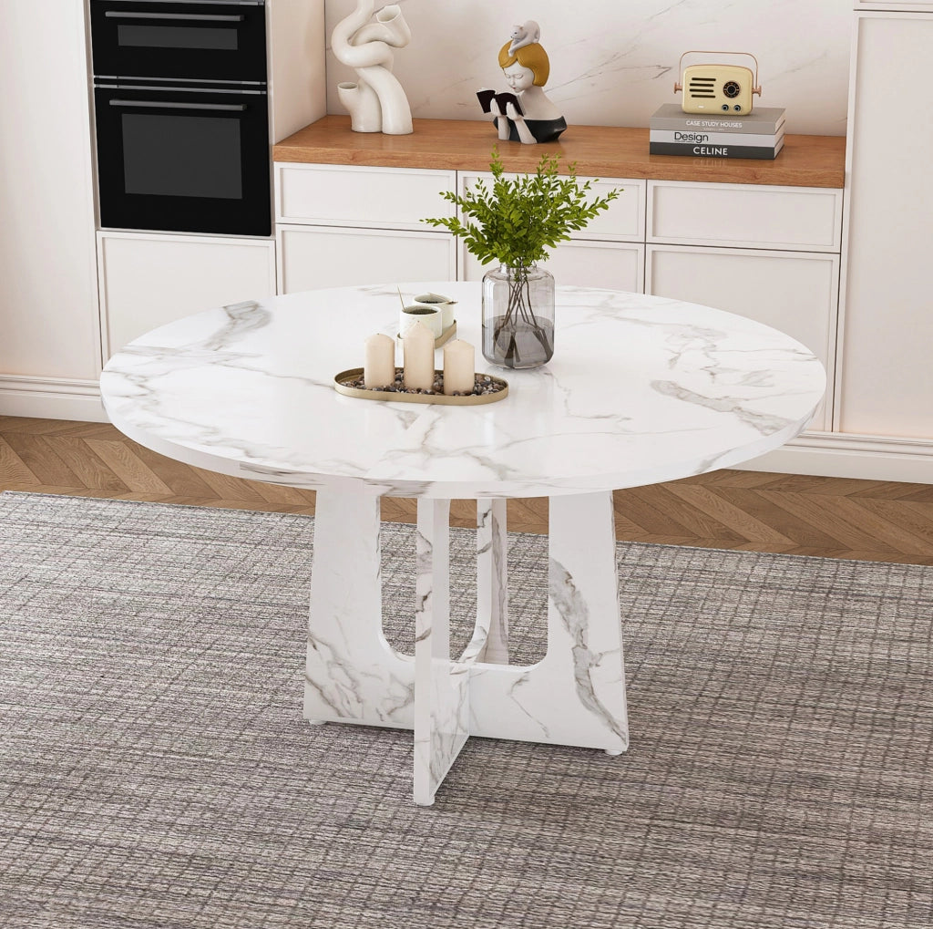 Tavolo rotondo da pranzo 120 cm in MDF bianco effetto marmo; altezza 76 cm