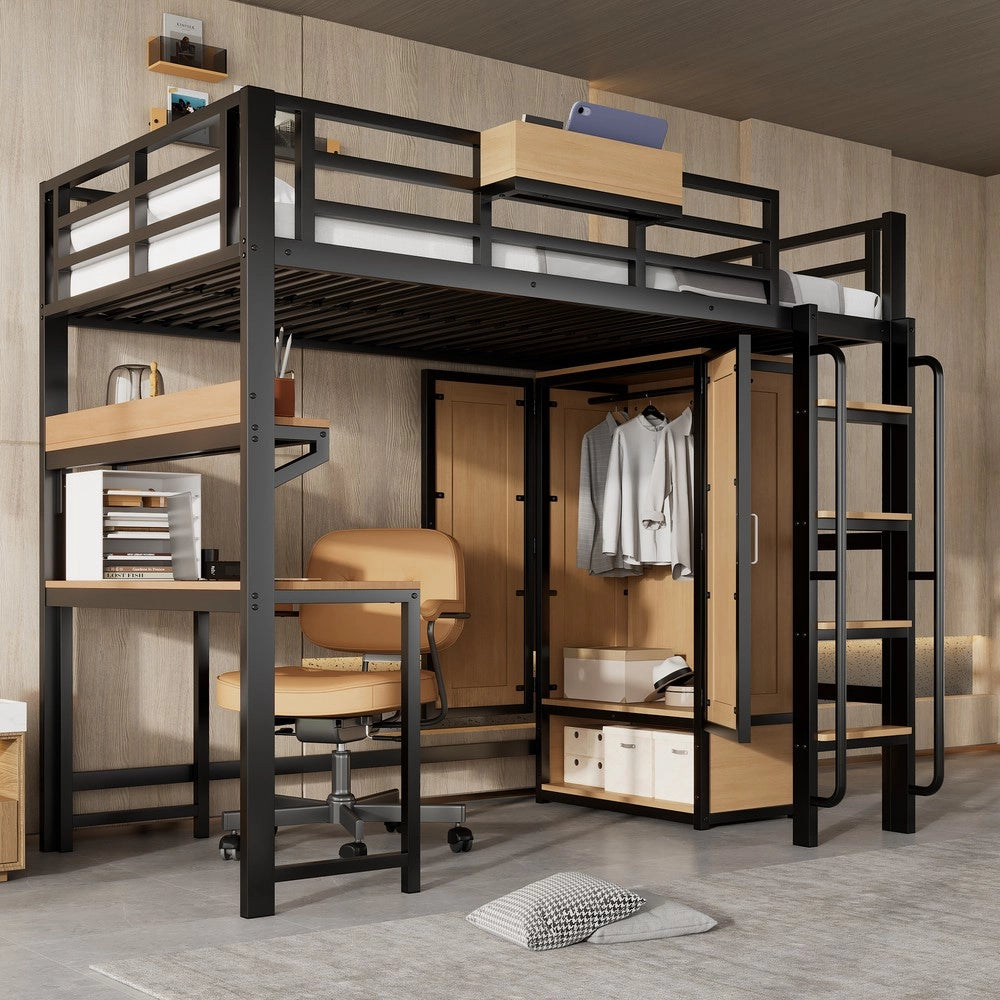 Letto a Soppalco con Scrivania, Armadio e Scaffale ¨C Xylo ¨C Metallo e MDF, Nero, 90x200