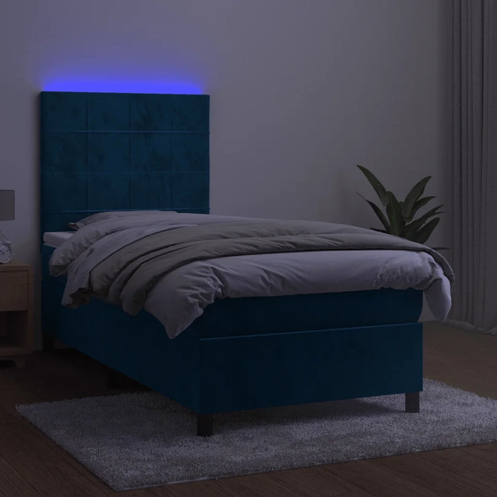 Letto a Molle con Materasso e LED Blu Scuro 90x190cm in Velluto 3136099