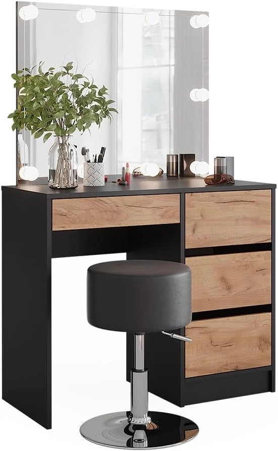 Tavolo da toilette Sherry, Antracite/quercia dorata, 90 x 75 cm con specchio, illuminazione LED e sgabello, con illuminazione a LED e panca imbottita