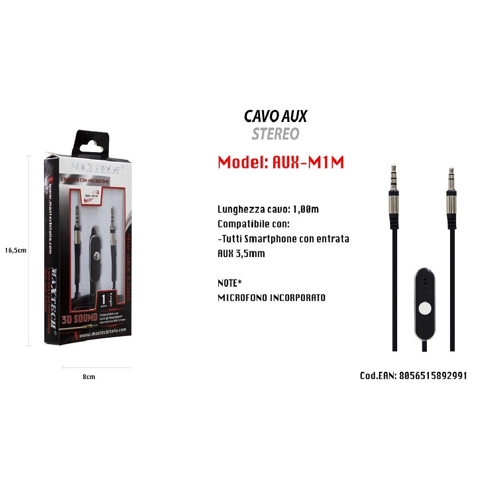 Trade Shop - Cavo Audio 3,5mm Aux Stereo Con Microfono Incorporato Per Smartphone 1mt Maxtech Aux-m1m -