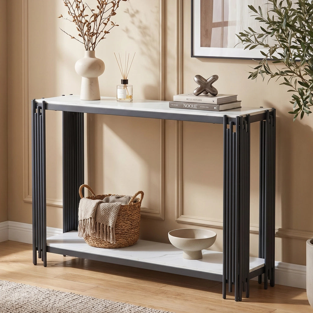 Consolle con 2 ripiani in effetto marmo bianco e metallo nero, per ingresso e soggiorno, 123.5 × 33.5 × 80 cm