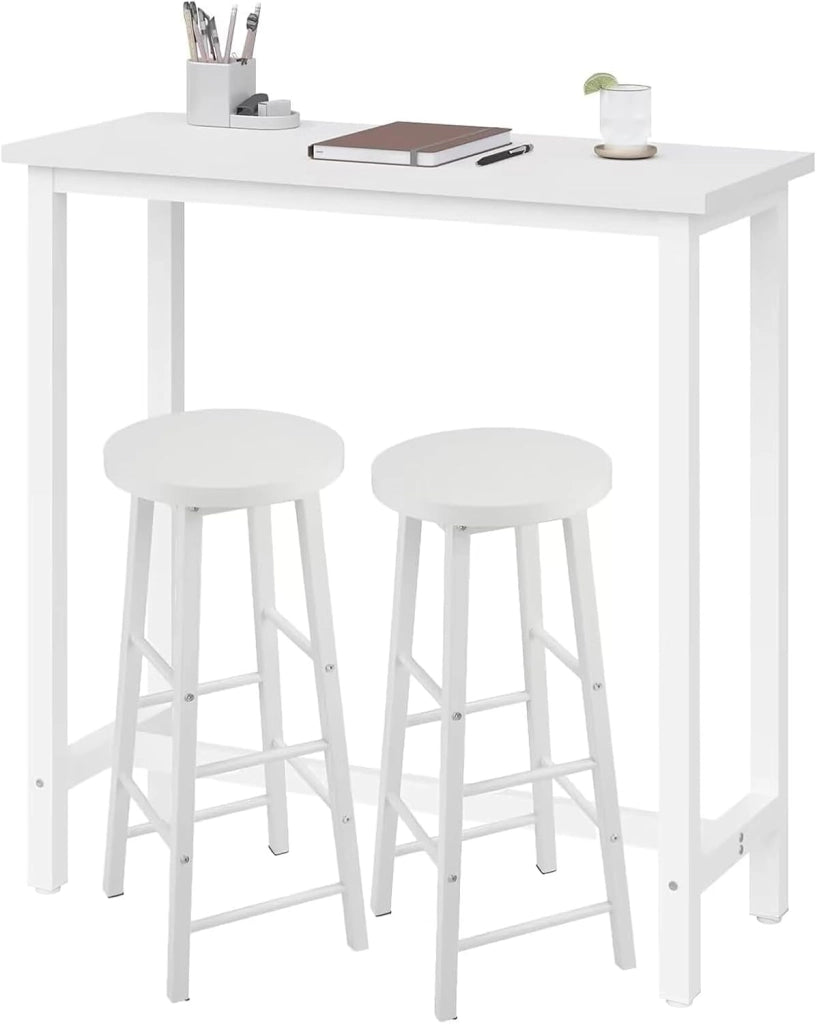 Tavolo Alto con 2 Sgabelli, Set Pranzo per Cucina, Sala da Pranzo, Isola da Cucina, Sgabelli Rotondi, Struttura in Metallo, Design Industriale, Bianco