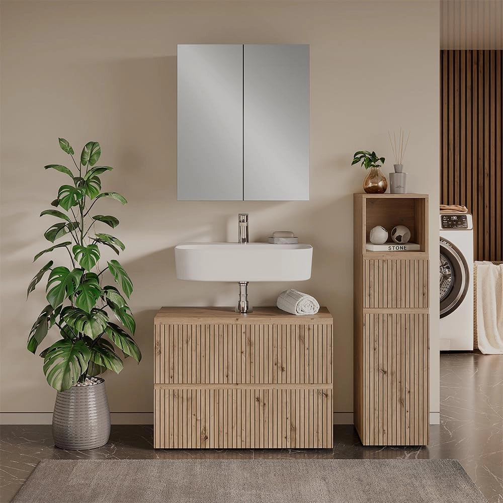 Set di mobili da bagno 3 pezzi Takumi, Artigiano, 80 cm, composto da mobile sottolavabo, specchiera e mobile medio