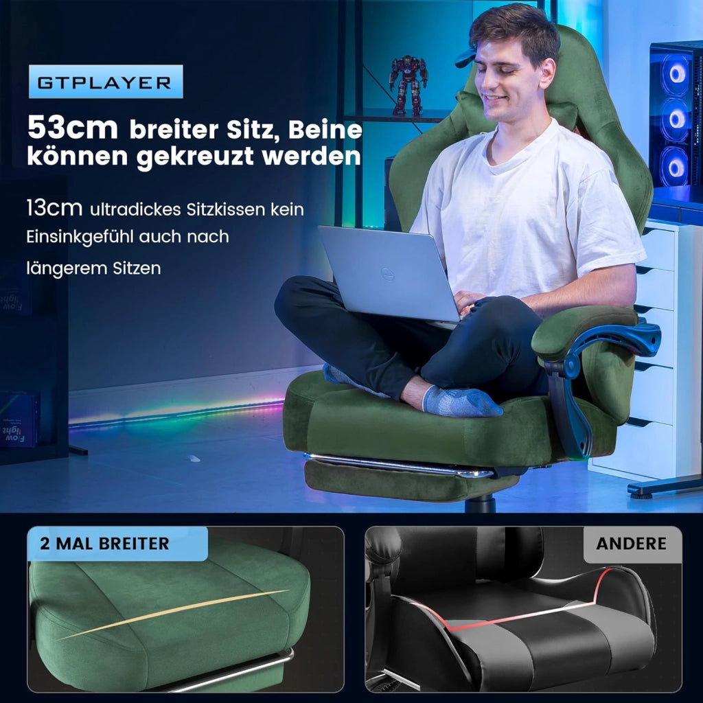 Sedia da gioco, traspirante, sedia da ufficio, ergonomica, in tessuto di alta qualità, ergonomica, schienale regolabile a 160°, poggiapiedi estraibile, carico 180 kg,verde