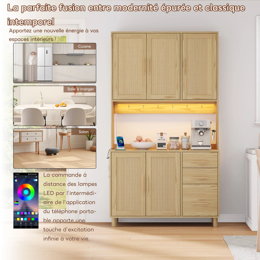 Credenza da Cucina con 3 Cassetti; 3 Ante; 2 Ripiani Regolabili; LED e Prese; per Cucina; in MDF; Naturale