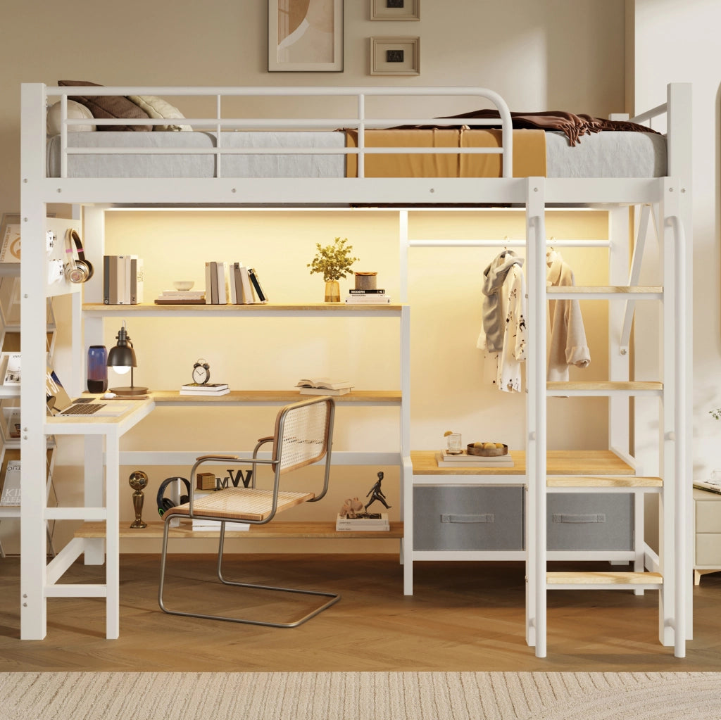 Letto a soppalco 90x200 cm bianco con scrivania, LED e USB