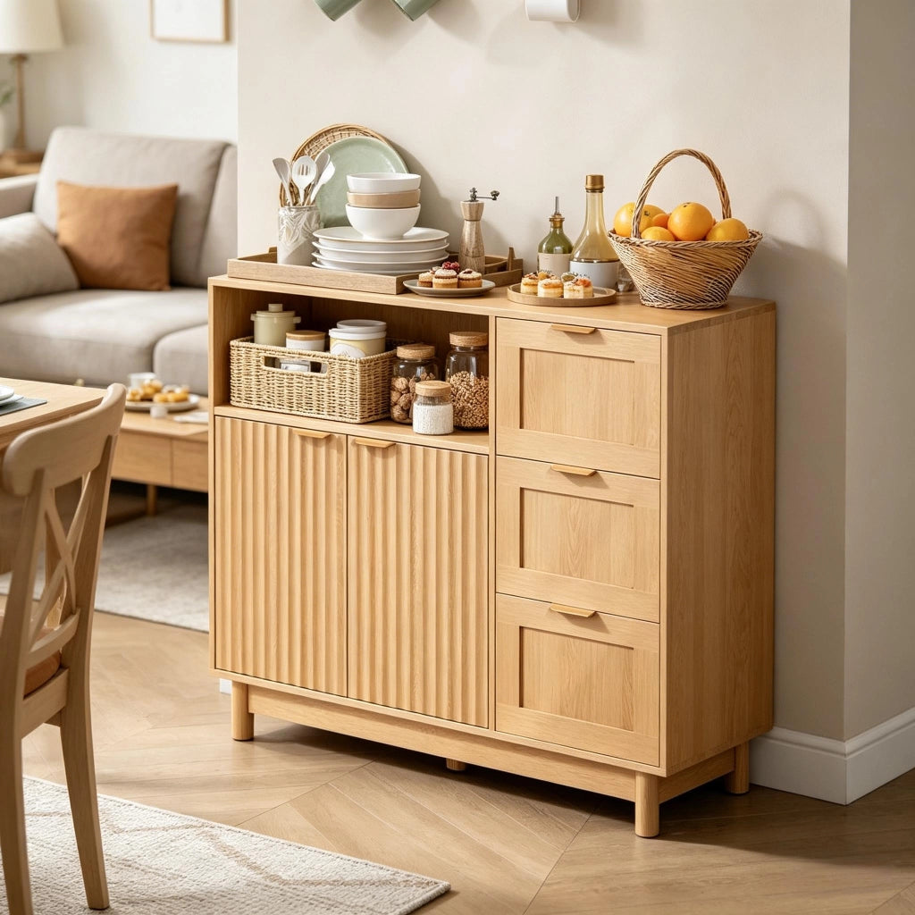 Credenza con 3 cassetti e ripiani regolabili, per cucina, in MDF e truciolato, effetto legno, 90 × 35 × 80 cm