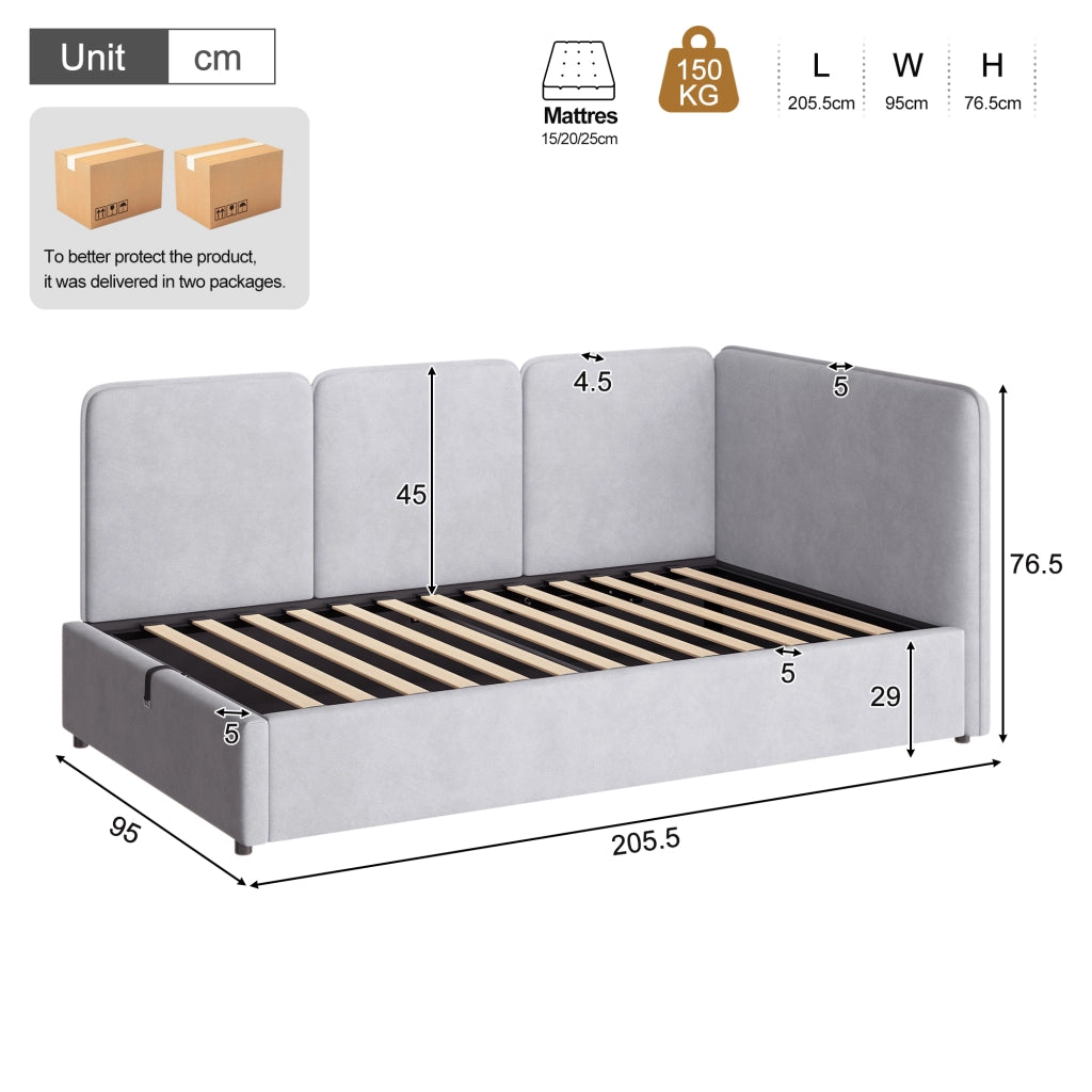 Letto divano 90 × 200 cm con contenitore idraulico, montaggio reversibile, senza materasso, en velluto grigio
