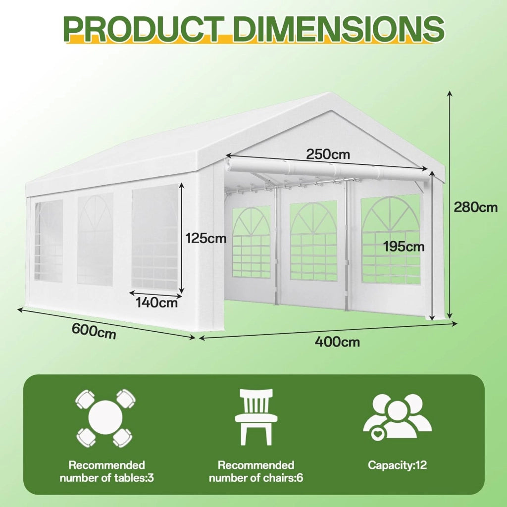 Gazebo da 4 x 6 m, resistente, con pareti laterali, impermeabile, in PE, con struttura in acciaio galvanizzato, tenda per feste, eventi, uso esterno, colore bianco