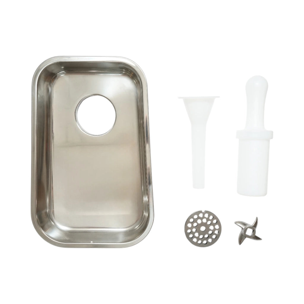 Tritacarne elettrico in acciaio inox 850W, 220V, capacità 150 kg/h, adattatore per salsicce, 2 setacci e 2 coltelli inclusi 380x210x415mm