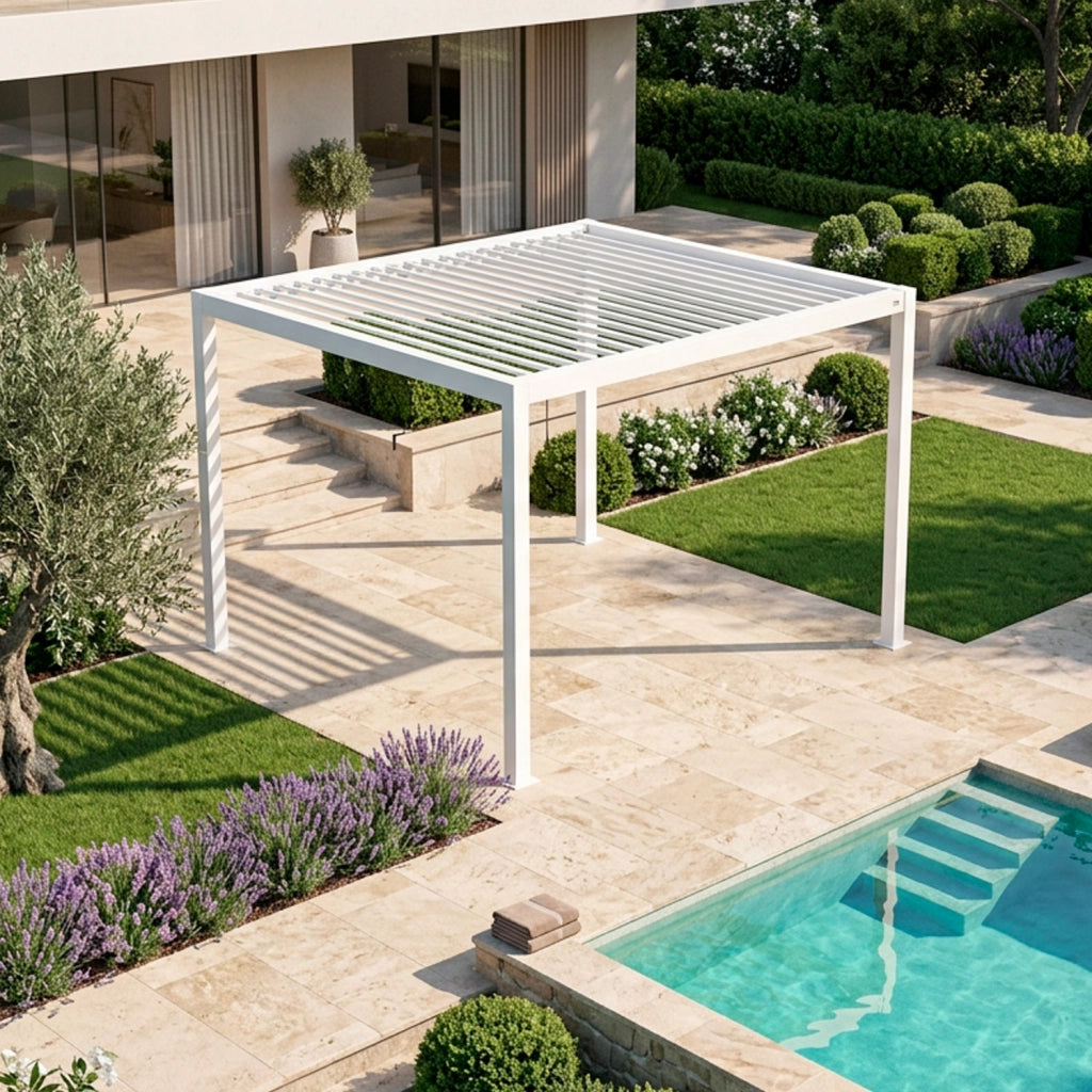 Pergola Bioclimatica 3x4 Metri Gazebo Con Tetto A Lamelle Orientabili Sistema Di Drenaggio Struttura In Acciaio E Alluminio Resistente Ai Raggi UV Per Giardino Terrazza E Piscina Bianco Opaco