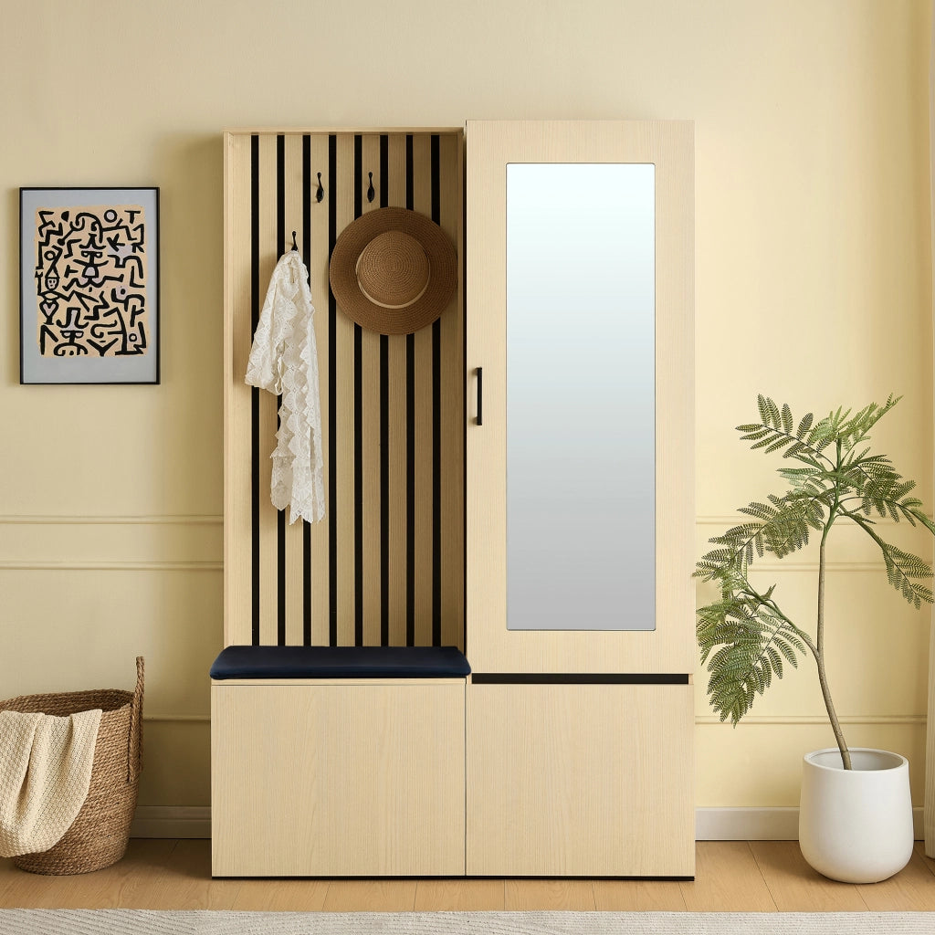 Mobili da ingresso con specchio, panca e 4 ganci, con scarpiera e asta estraibile, in MDF, stile moderno, legno