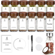 Set di contenitori per erbe in legno di acacia, 12 contenitori in vetro, 120 ml, con etichette, adatti per l'organizzazione e la conservazione delle erbe.