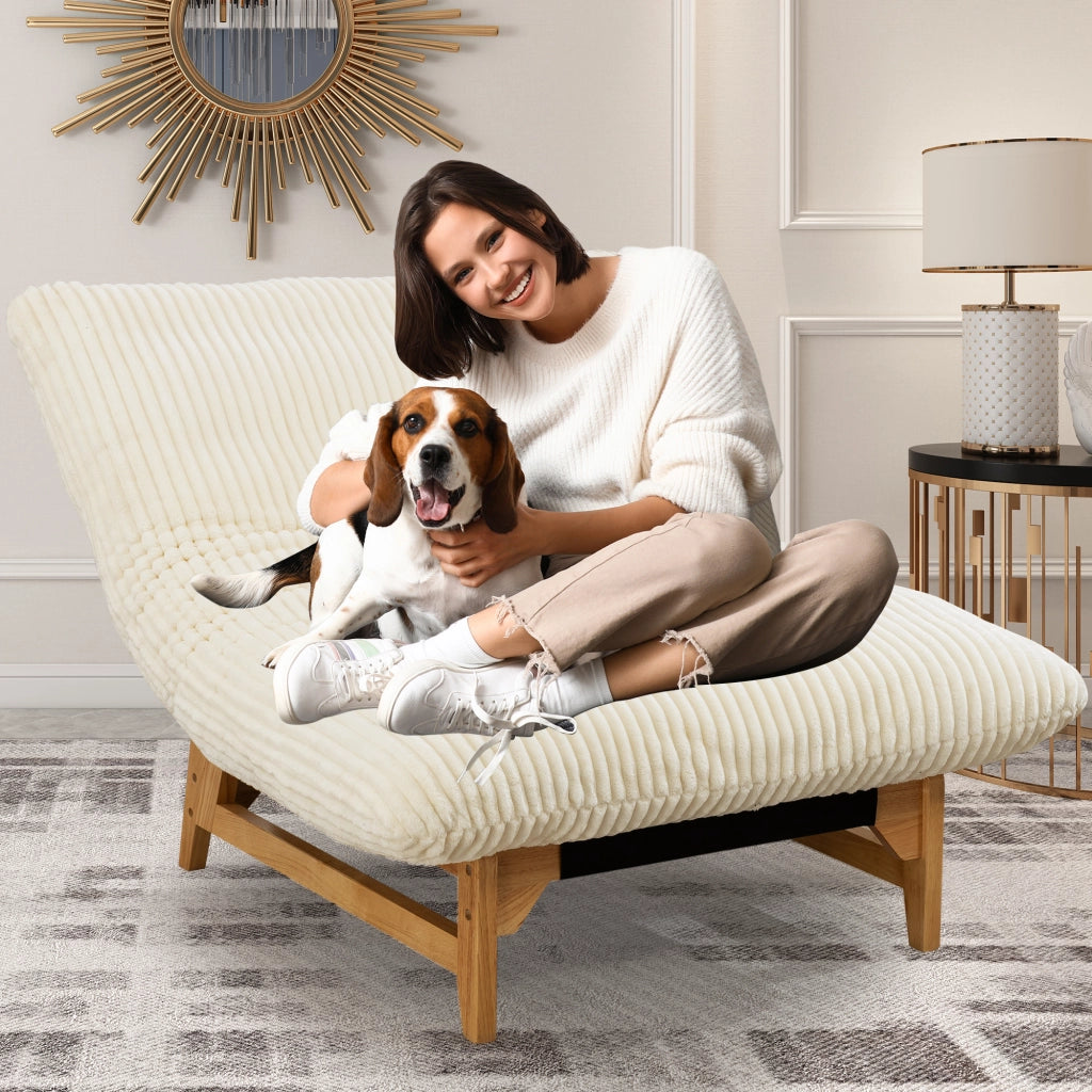 Poltrona pouf in velluto a coste; imbottitura morbida; supporto schiena; bianco; 1 posto