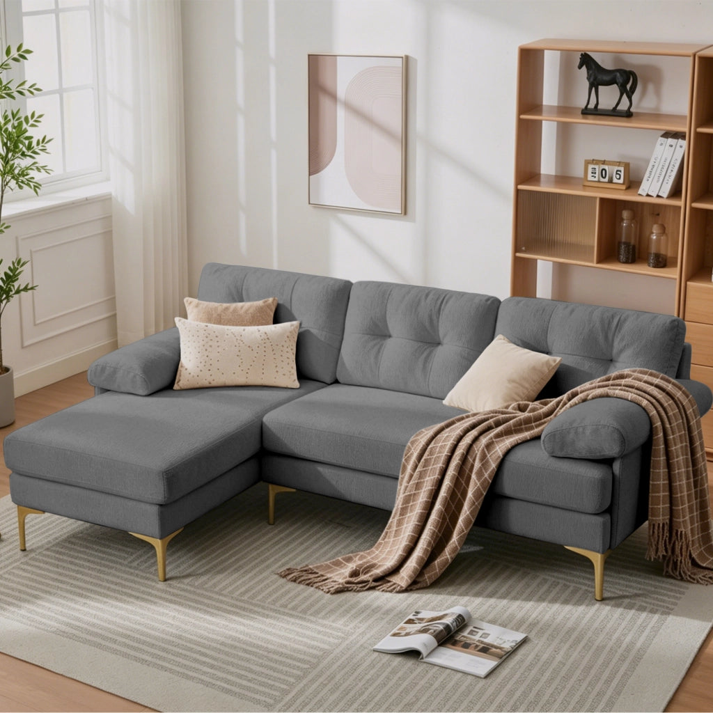 Divano angolare reversibile a 3 posti con cuscini imbottiti e braccioli, in legno e chenille grigio