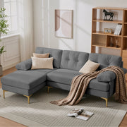 Divano angolare reversibile a 3 posti con cuscini imbottiti e braccioli, in legno e chenille grigio