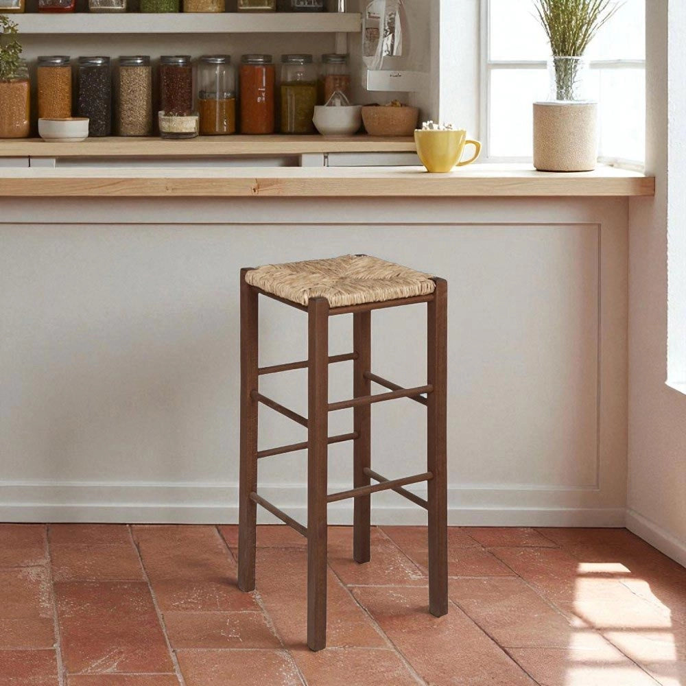 Sgabello h 70 cm in legno noce scuro con seduta quadrata in paglia gambe dritte