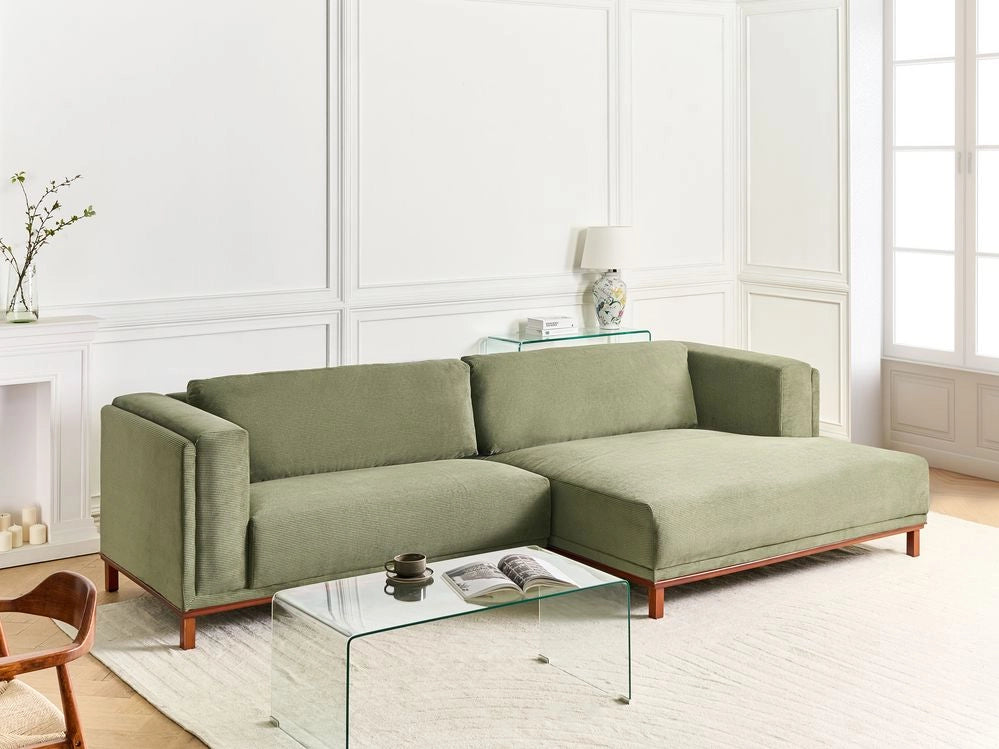 Divano angolare a sinistra Rivestimento velluto a coste verde Gambe in legno Spesso imbottito Mobili da salotto in stile moderno