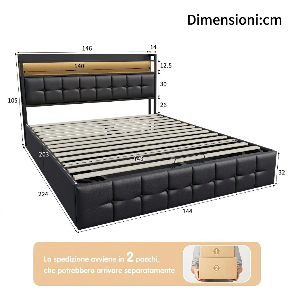 Letto matrimoniale 140x200 cm con contenitore LED USB testiera struttura letto MDF e PU - nero