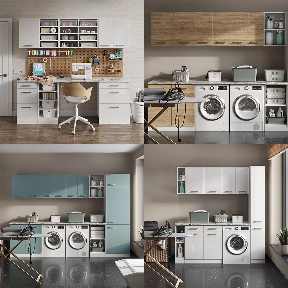 Base a ripiani R-Line, Bianco, 40 cm con ripiani aperti, con piano di lavoro, per conservazione laterale e accesso rapido