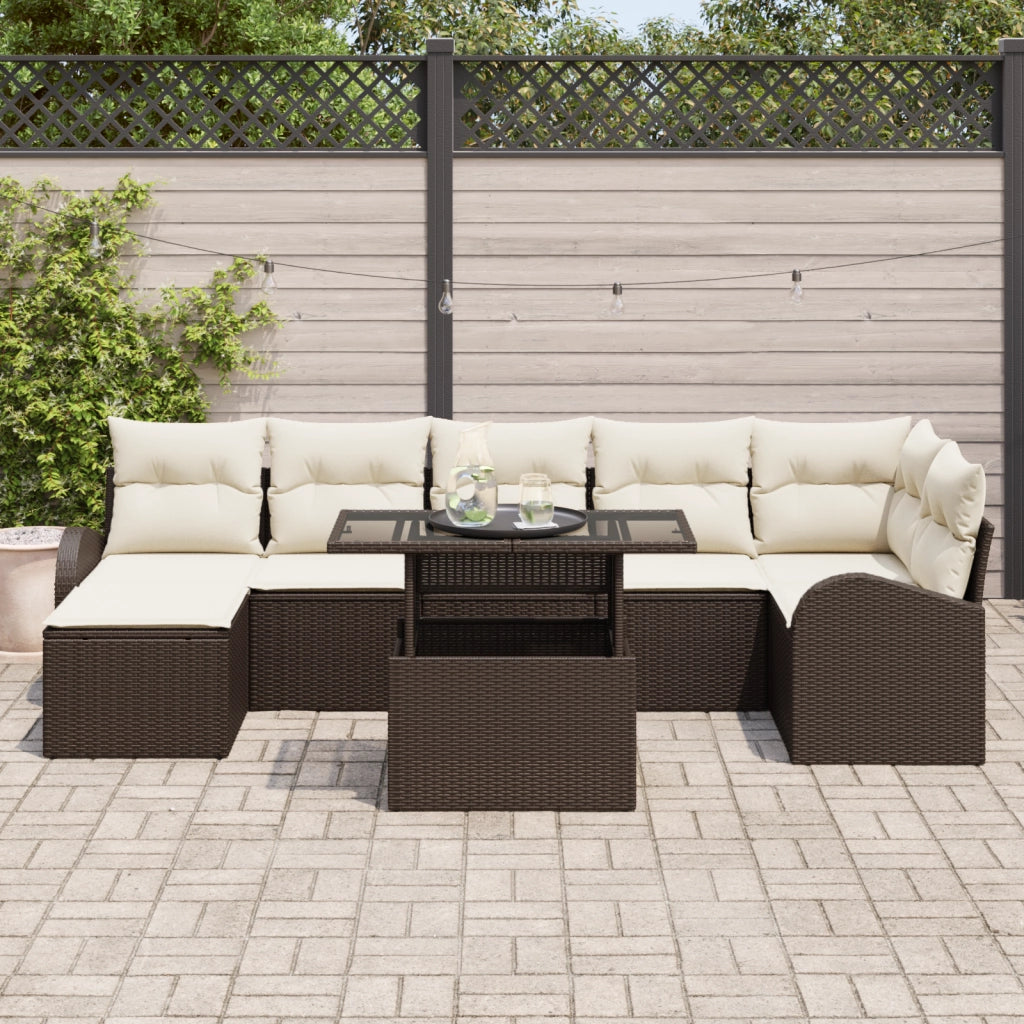 Set Divano da Giardino da 8 Pezzi con Cuscini Marrone Polirattan