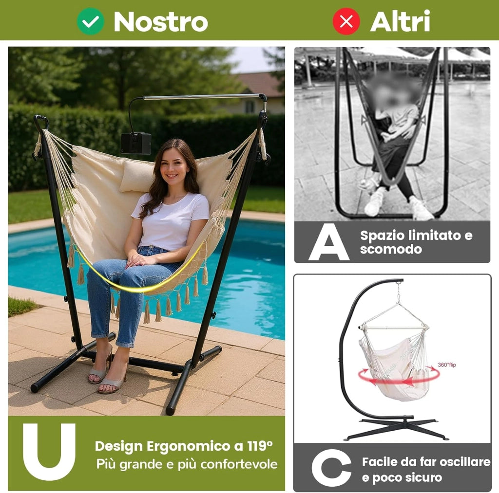 Sedia Amaca Sospesa con Supporto, Sedia Sospesa Regolabile in Altezza 6 Livelli, Supporto Porta Cellulare, Tasca Laterale, Cuscino, Portata 250 kg (Beige)