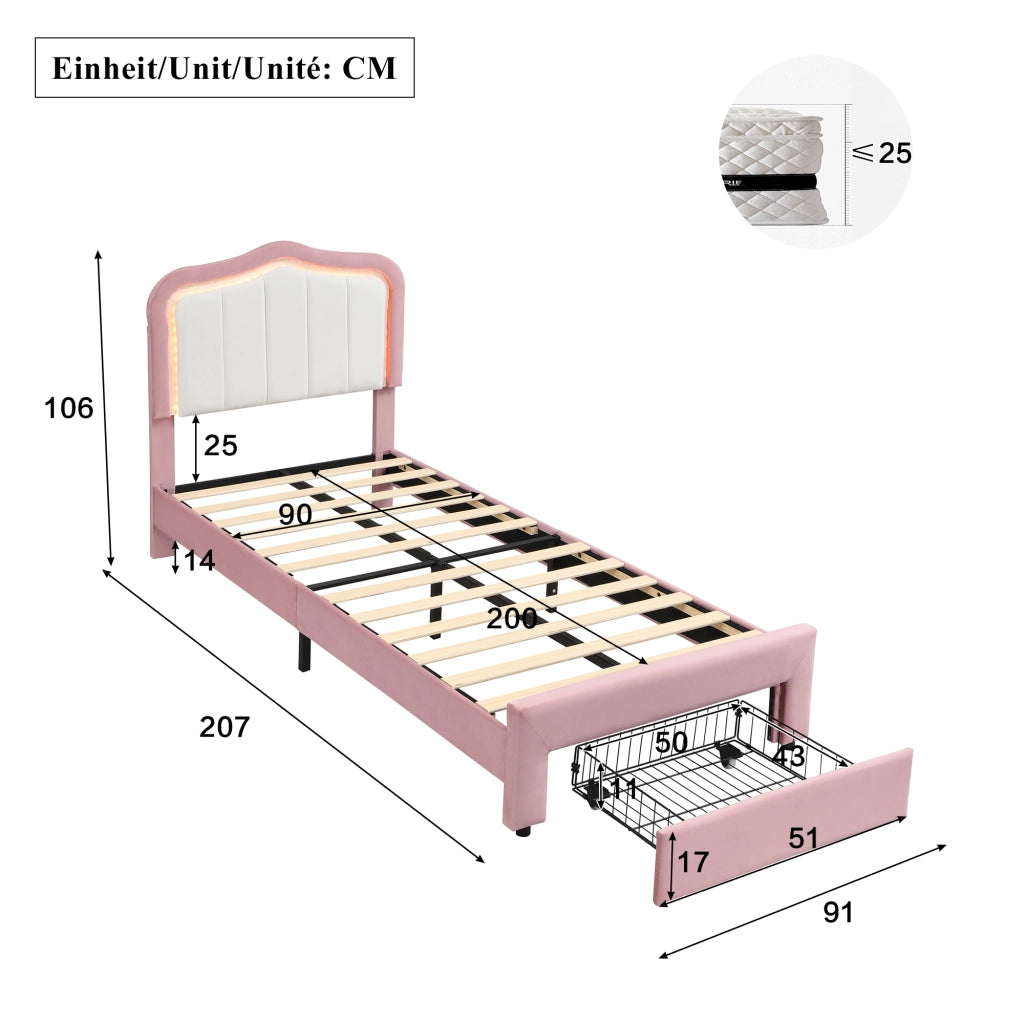 letto imbottito velluto rosa 90 x 200 cm