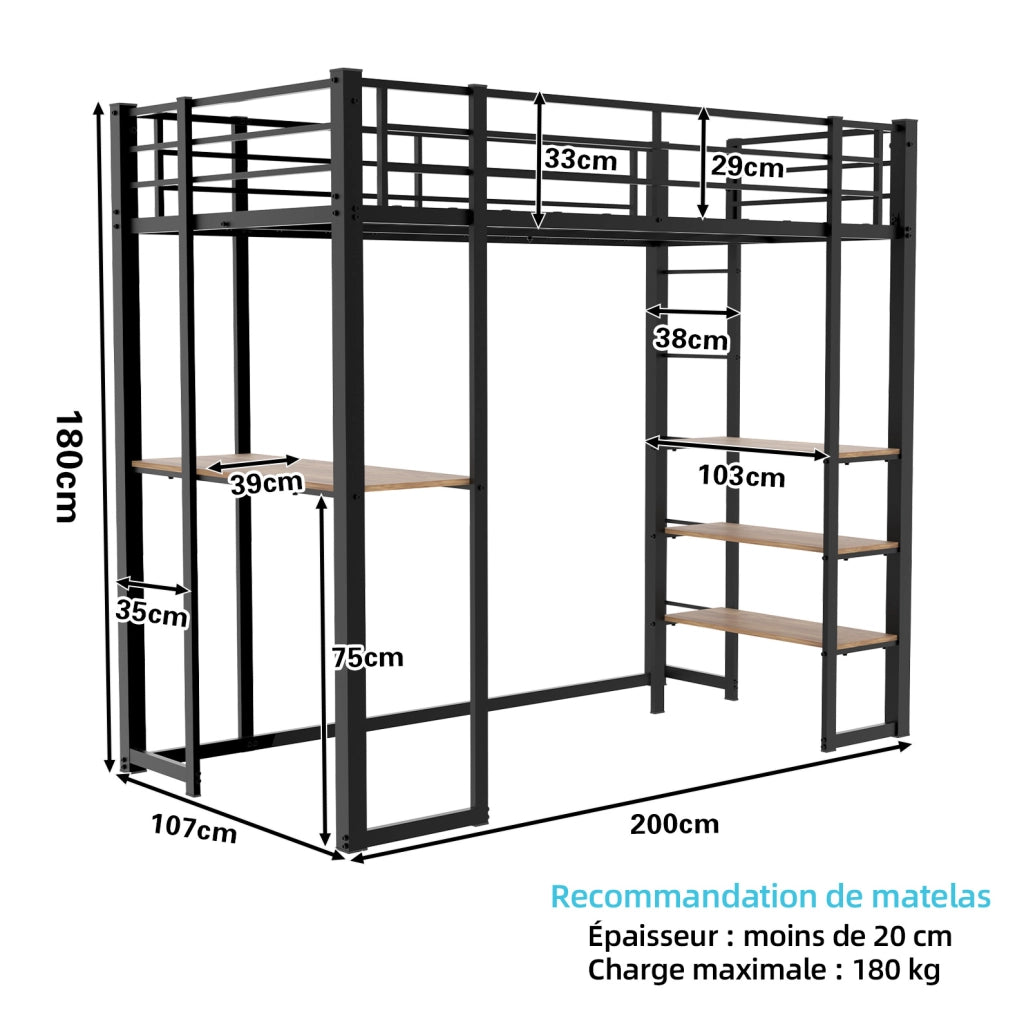 Letto in ferro 90x190 cm con scrivania integrata e scaletta, per camerette bambini e ragazzi