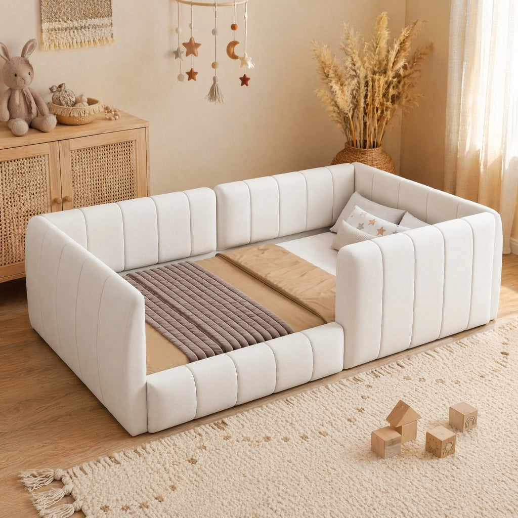Letto singolo imbottito 90x200 cm con sponde di sicurezza; in velluto beige