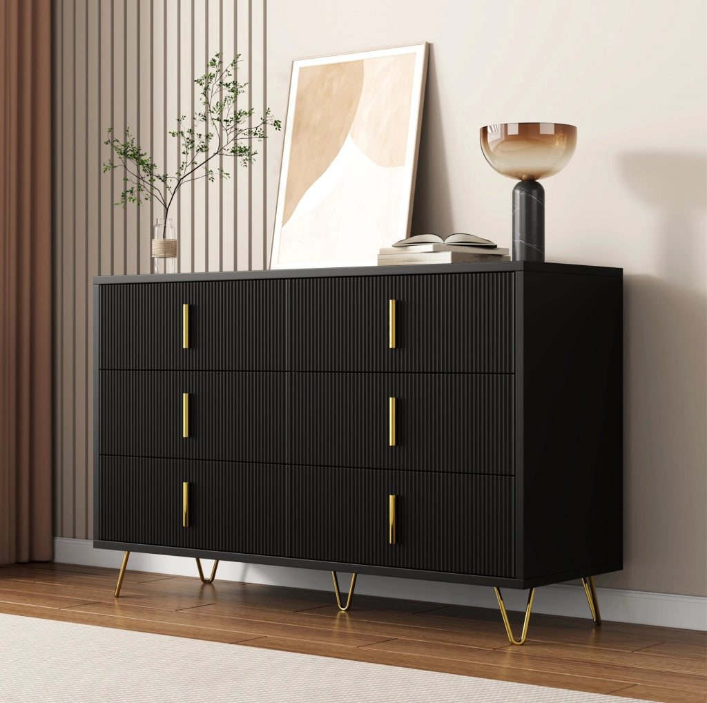 Sideboard 120x77x40 cm con 6 cassetti; design moderno; in truciolare nero e oro