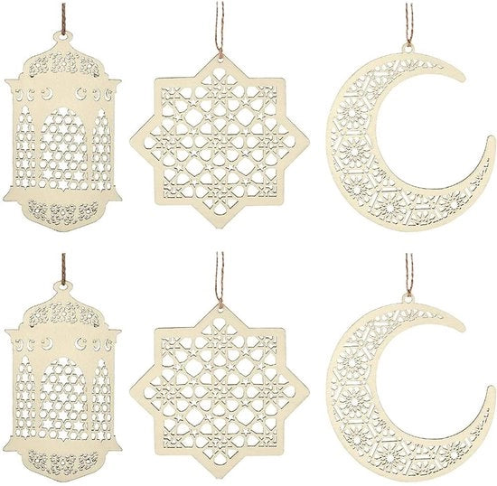 Set di appoggio in legno decorativo - 2 insiemi/6 pezzi - Ornamento luna/stella - Ramadan Mubarak/Eid - Decorazione per mobili da assemblare - Sicuro e duraturo