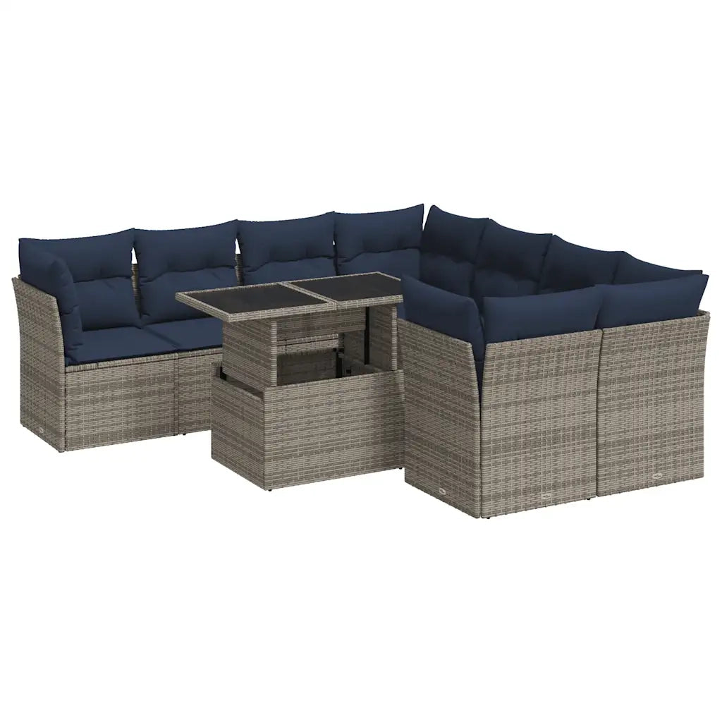 Set Divano da Giardino 9pz con Cuscini Grigio Polyrattan Acacia