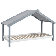 Letto Singolo per Bambini Casetta Tetto Stellato in Tessuto 213x100x140 cm Grigio