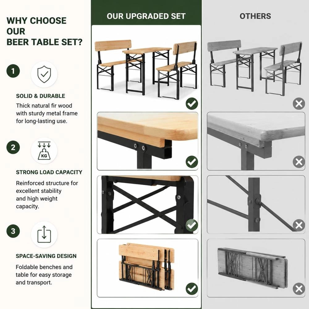 3-piece Folding Beer Table Set, Solid Fir Wood