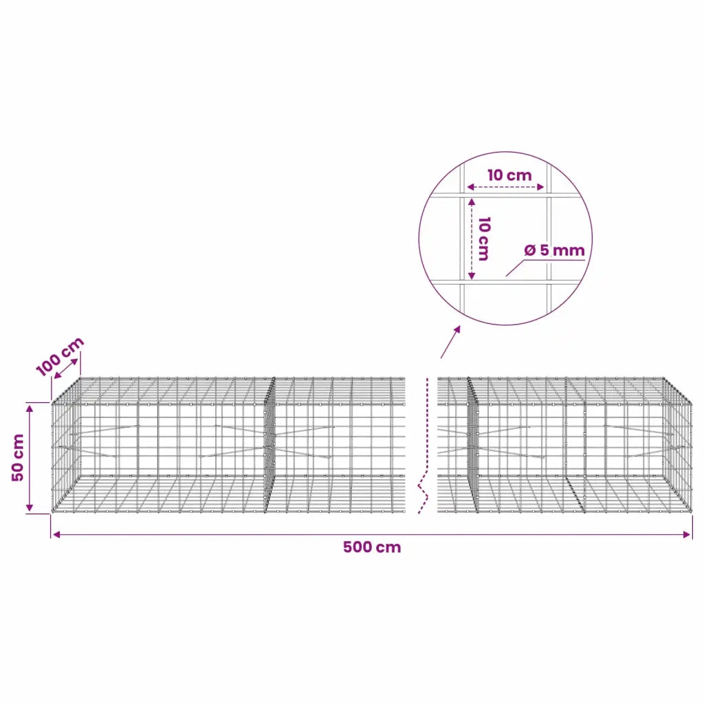Gabione con filo da 5 mm e rete 10x10 cm 500x100x50 cm 3465292