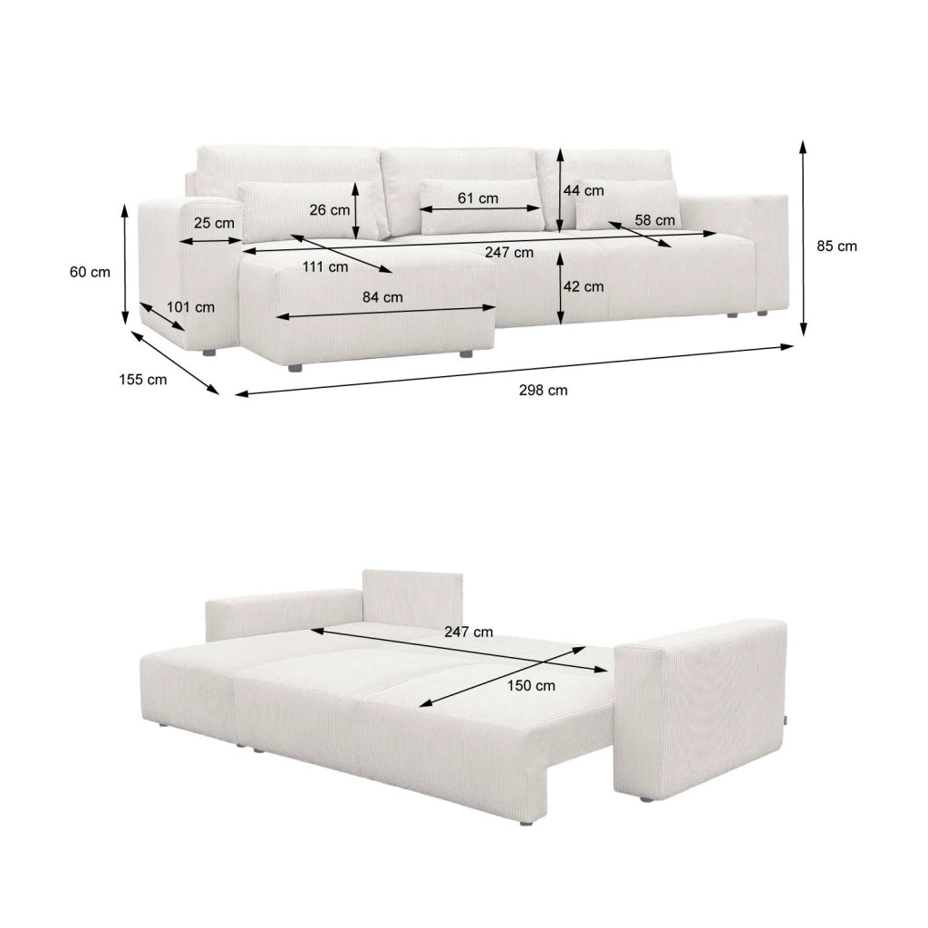 Divano letto angolare reversibile con contenitore in velluto a coste,