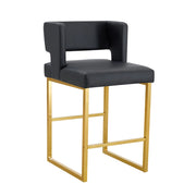 Set di 2 Sgabelli da Bar; Design Nordico con Seduta Quadrata Imbottita e Gambe Geometriche; Metallo e PU; Nero e Oro